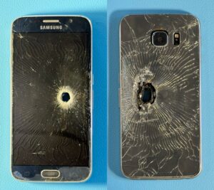 Samsung Galaxy S6 with bullet hole